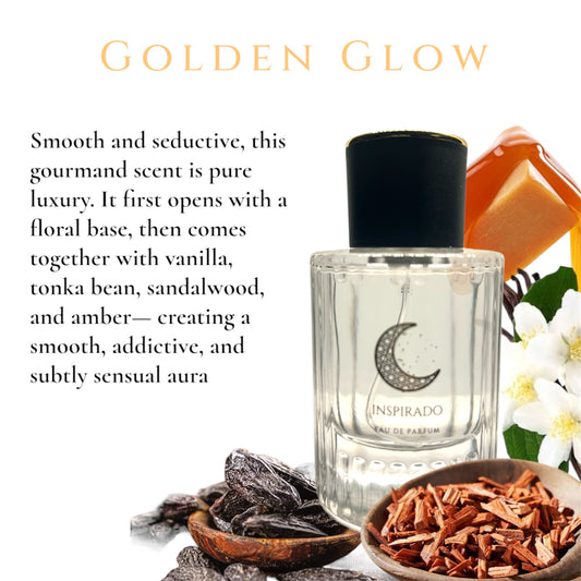 GOLDEN GLOW – Gourmand Perfume | Vanilla, Amber, Tonka | Handcrafted Luxury Scent for Women. 50ml bottle.
