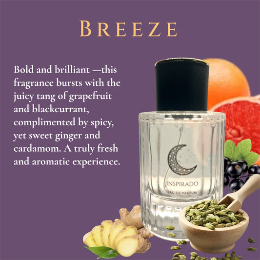 BREEZE – Fresh Citrus & Spicy Perfume | Grapefruit, Ginger, Blackcurrant, Cardamom | Bold Unisex Fragrance. 50ml bottle.